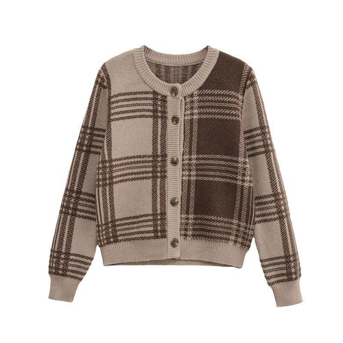 Ladies Checked Cardigan with Button Closure and Ruched Sleeves Amarae