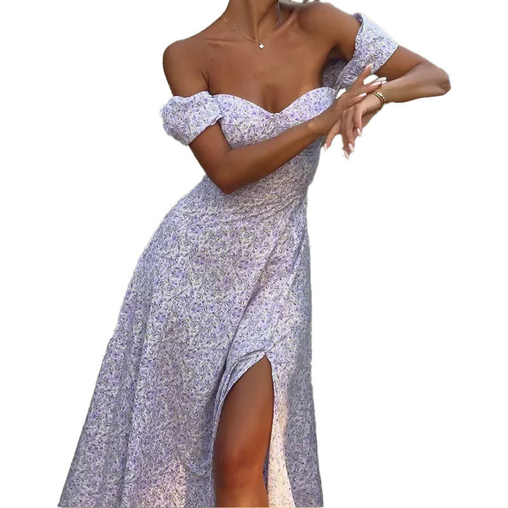 Robe maxi femme à épaules dénudées avec imprimé floral romantique et fente sur le côté Chic & Stil