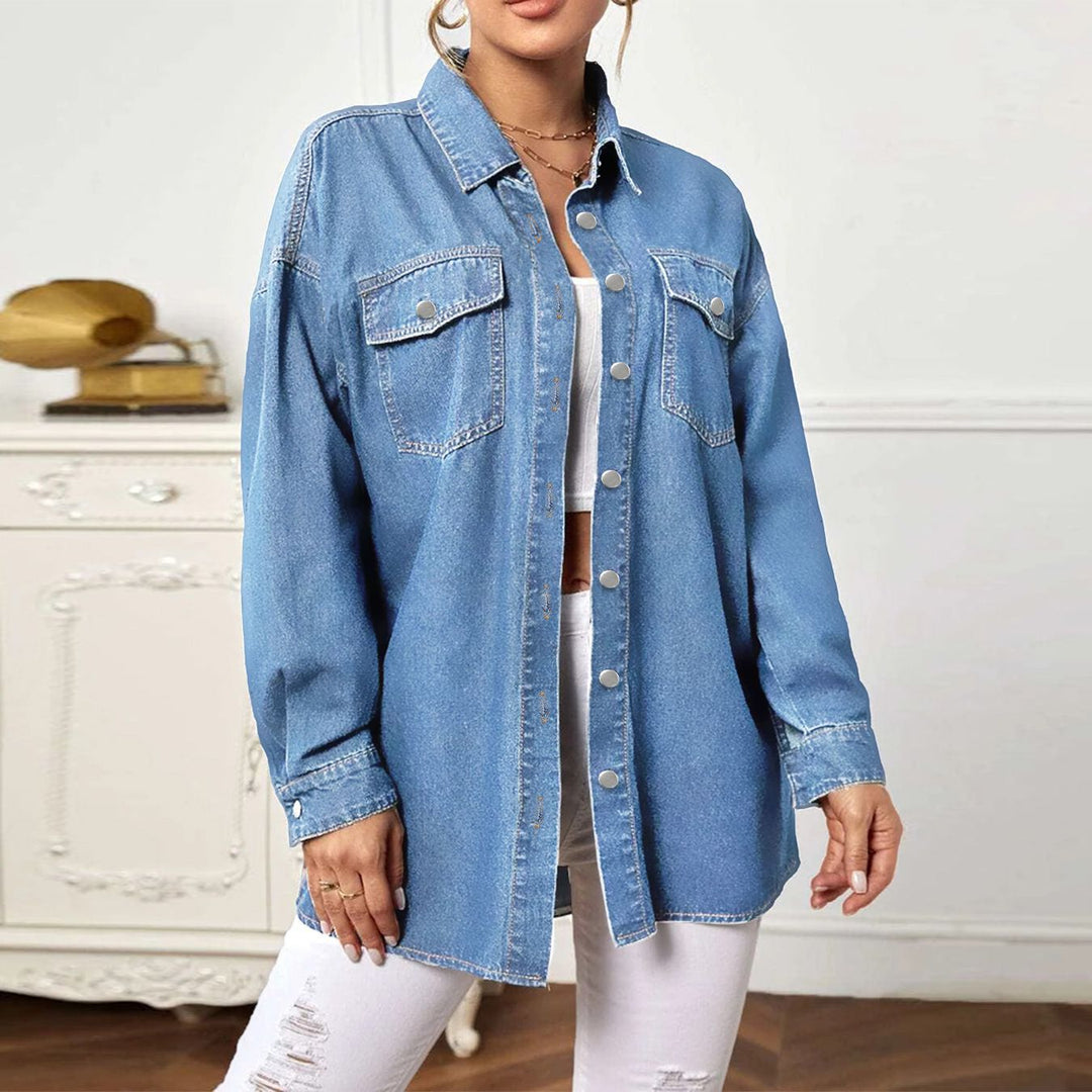 Women's Longline Denim Shirt Jacket Oversized with Flap Pockets Amarae