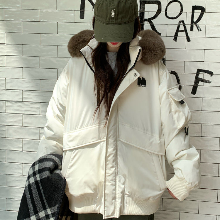 Ladies Oversized Winter Jacket with Removable Faux Fur Collar and Large Pockets Chic and Stylish