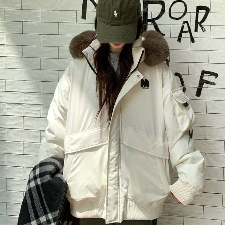 Ladies Oversized Winter Jacket with Removable Faux Fur Collar and Large Pockets Chic and Stylish
