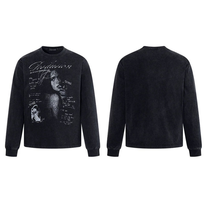 Men's Longsleeve with Vintage Girl Graphic and Used Wash Amarae