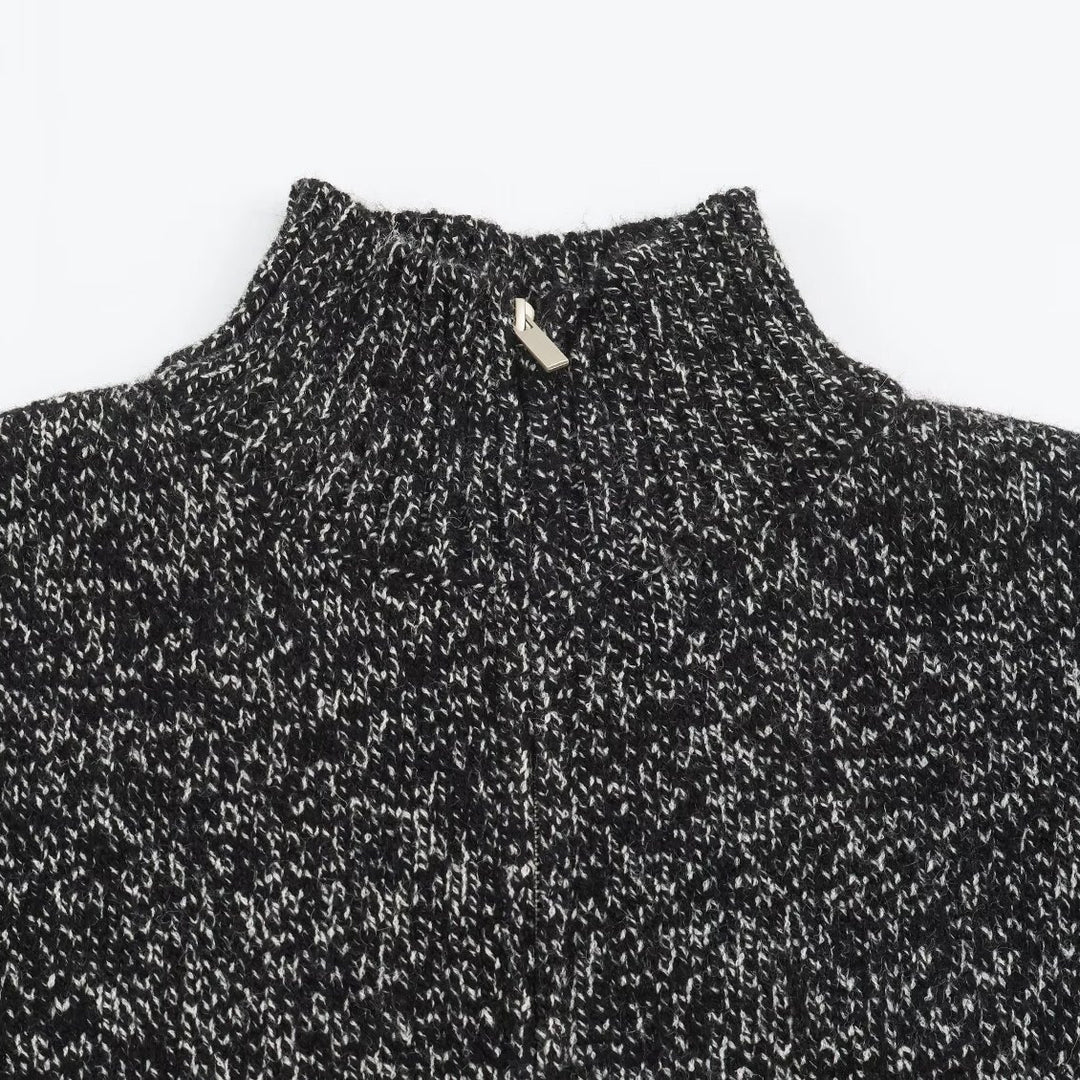 Women's Chunky Knit Zip Sweater with Stand-Up Collar and Ribbed Hem Amarae