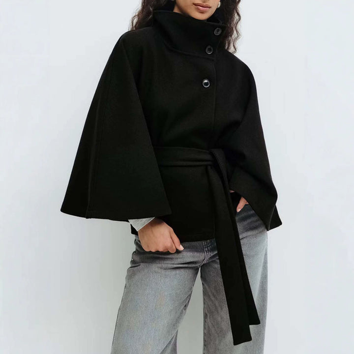 Women's Short Cape Coat with Stand-Up Collar, Oversized Sleeves and Tie Belt Amarae