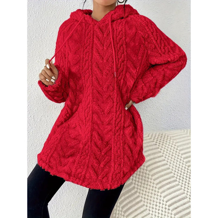 Women Cozy Teddy Hoodie with Cable Knit Pattern Drawstring and Rounded Hem Amarae