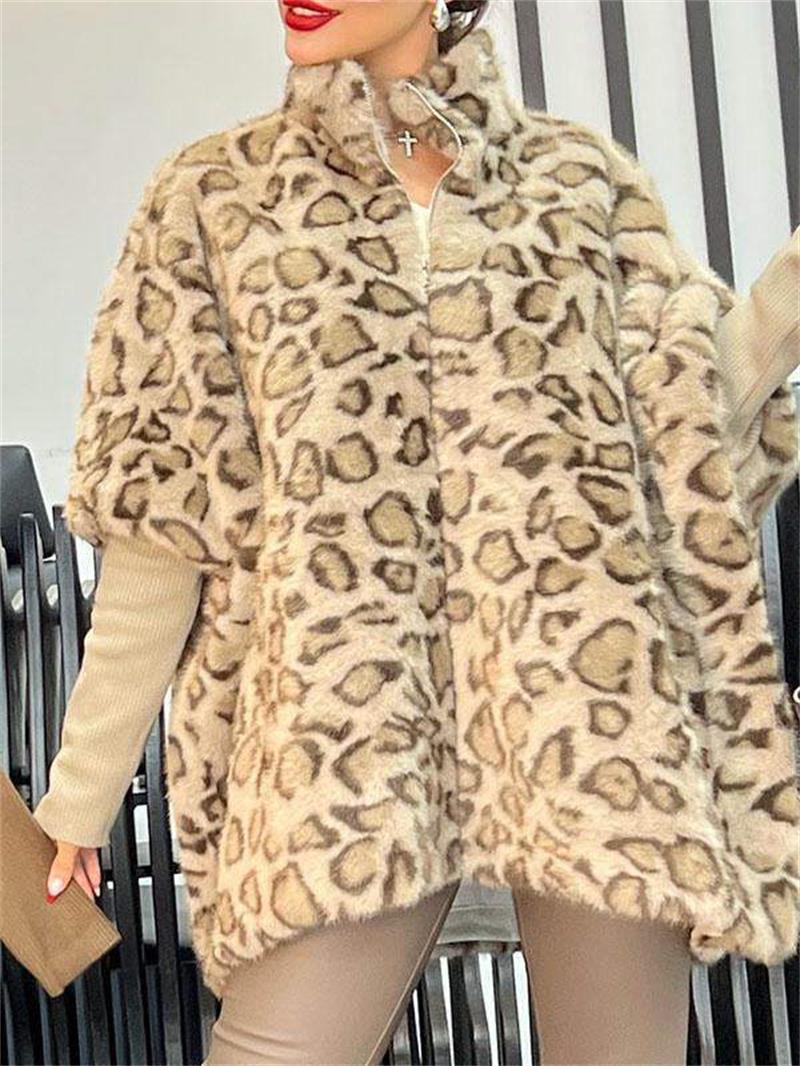 Ladies fleece plush poncho with leopard pattern Amarae