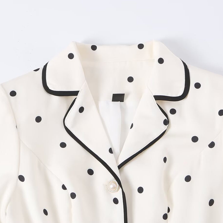 Women's midi shirt dress with polka dots, contrast piping, and waist belt Amarae