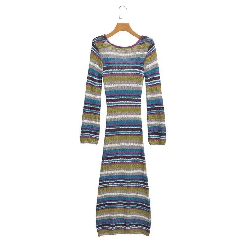 Women's Fitted Fine Knit Midi Dress with Striped Pattern and Round Neckline Amarae