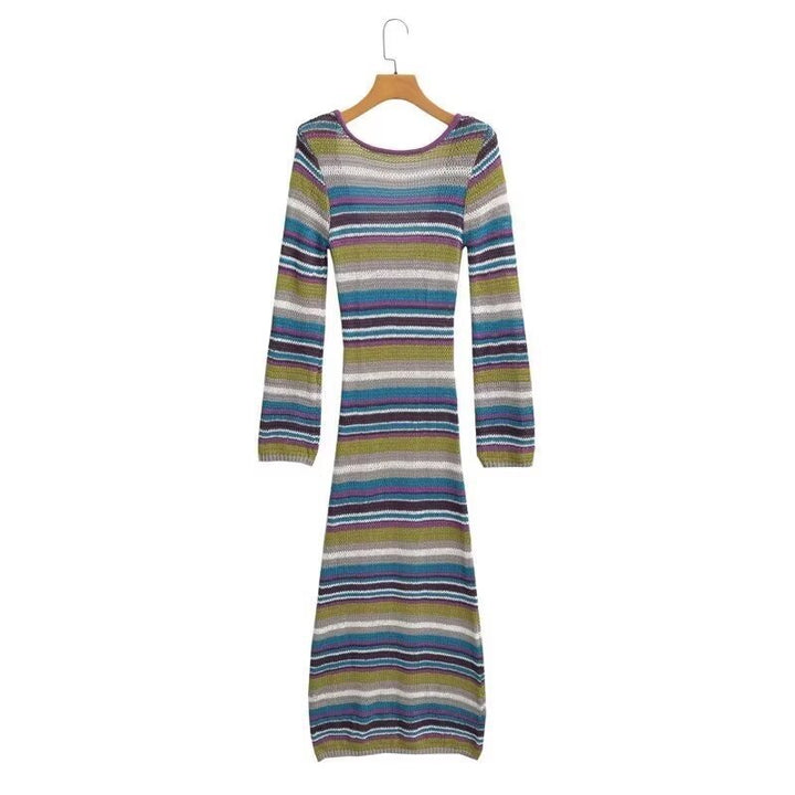Women's Fitted Fine Knit Midi Dress with Striped Pattern and Round Neckline Amarae