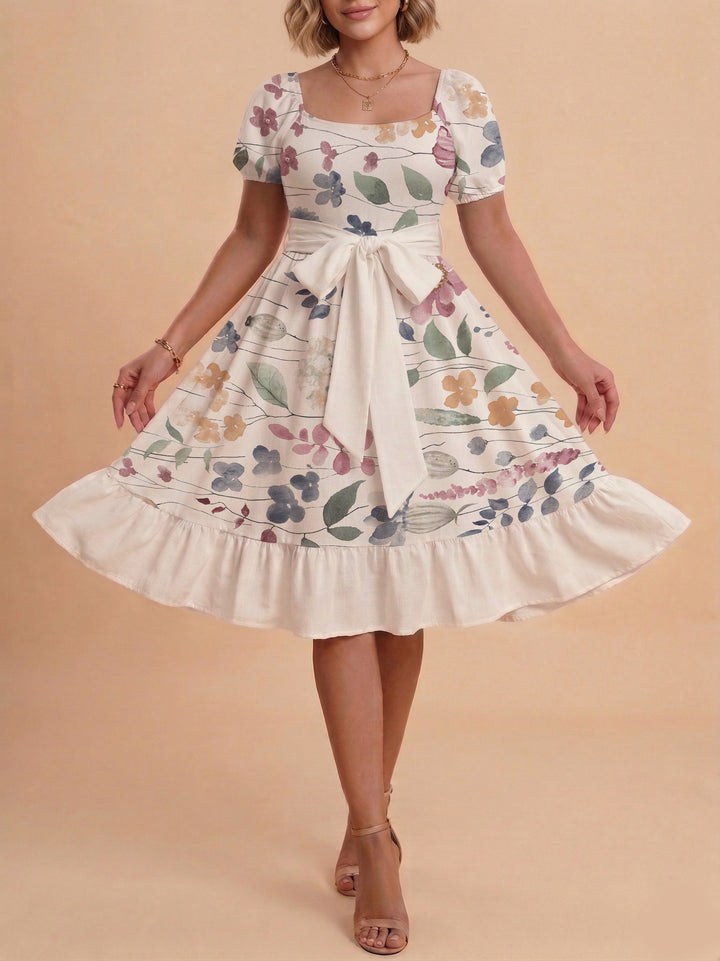 Women's floral dress with adjustable belt and voluminous sleeves Lune London
