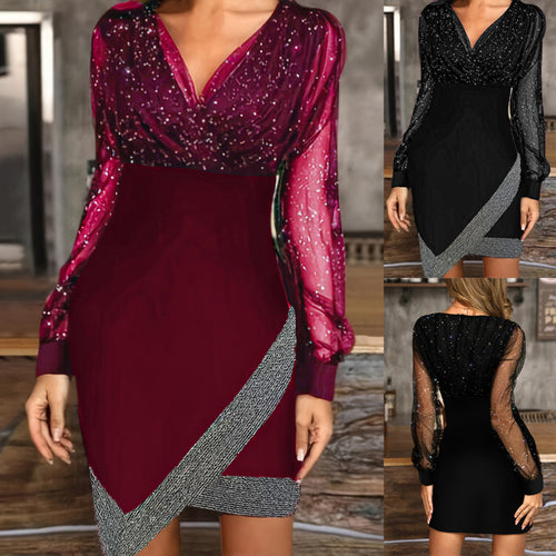 Women Elegant Wrap Dress with Sparkling Details and Sheer Sleeves Amarae