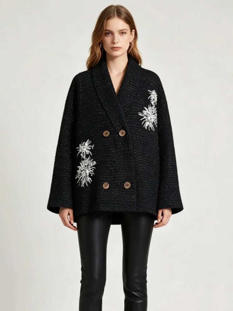 Women's Oversized Boucle Coat Jacket with Shawl Collar and Floral Embroidery Amarae