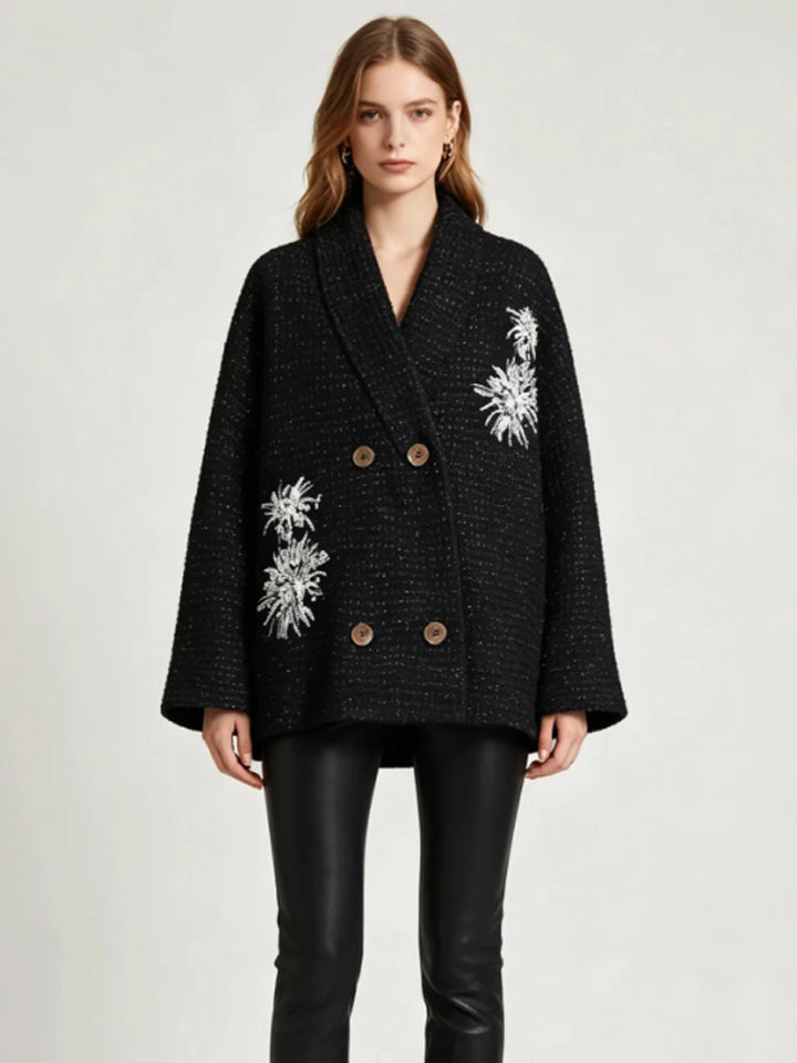 Women's Oversized Boucle Coat Jacket with Shawl Collar and Floral Embroidery Amarae