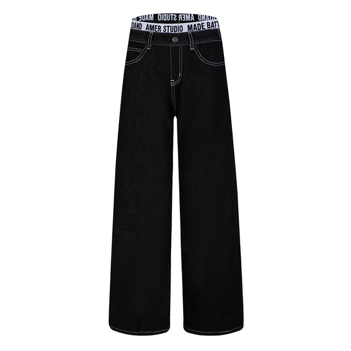 Women Wide High-Waist Denim Pants with Logo Elastic Waistband and Palazzo Silhouette Amarae