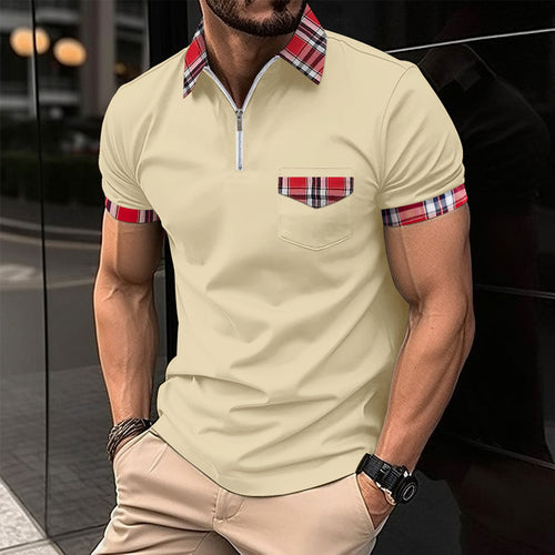 Men's modern half-zip polo with chic and stylish check detail