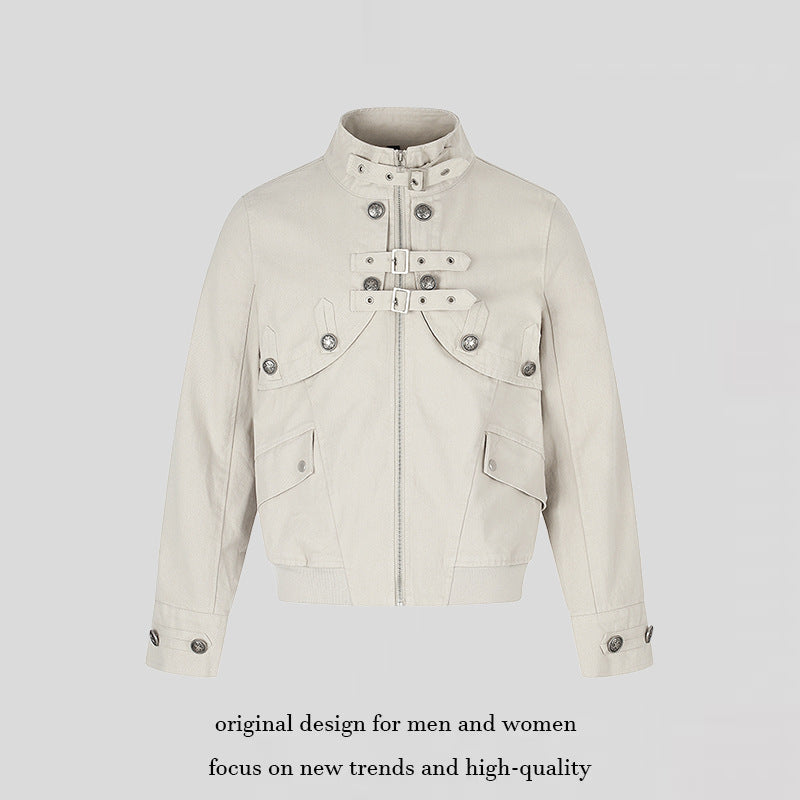 Women's short fitted bomber jacket with stand-up collar, decorative buckles, and flap pockets Amarae