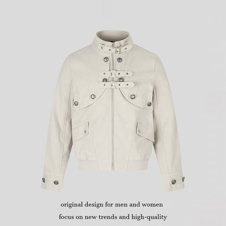 Women's short fitted bomber jacket with stand-up collar, decorative buckles, and flap pockets Amarae