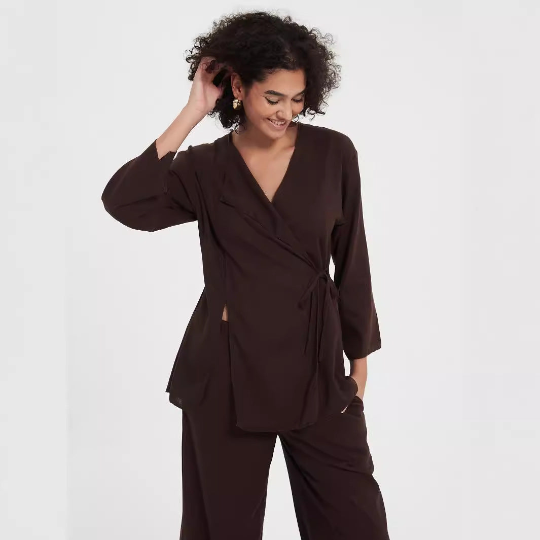 Women's two-piece wrap set made of flowing viscose blend with wide palazzo pants leg Amarae