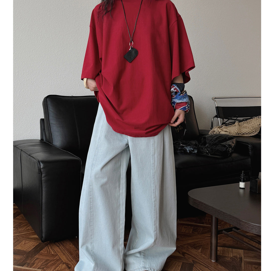 Women High-Waisted Oversize Palazzo Jeans with Deep Crotch and Distinctive Vertical Seam Amarae