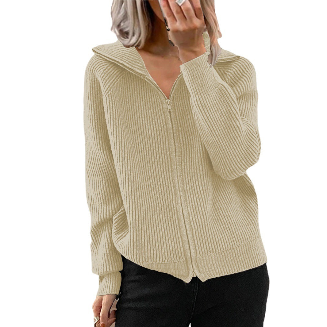 Knitted women’s jacket with high collar and full-length zipper Lune London