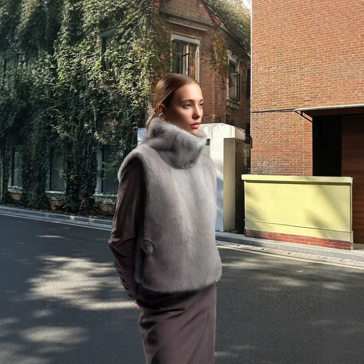 Women’s Sleeveless Faux Fur Vest with High Wrap Collar and Short Cut Amarae