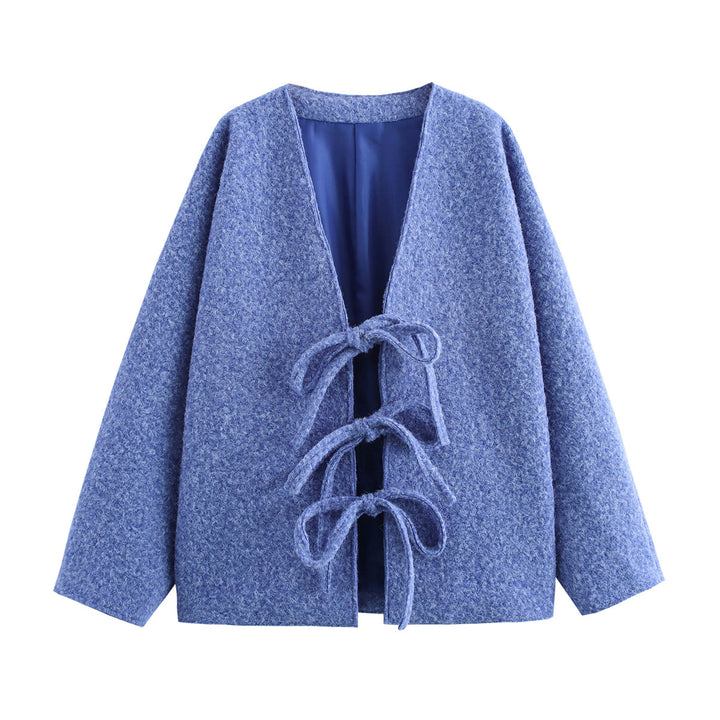 Oversized wool coat for women with decorative bow details Lune London