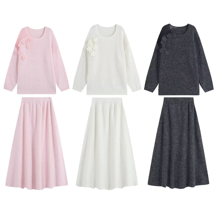 Women's knit set with cozy sweater featuring 3D flower appliqué and A-line skirt Amarae