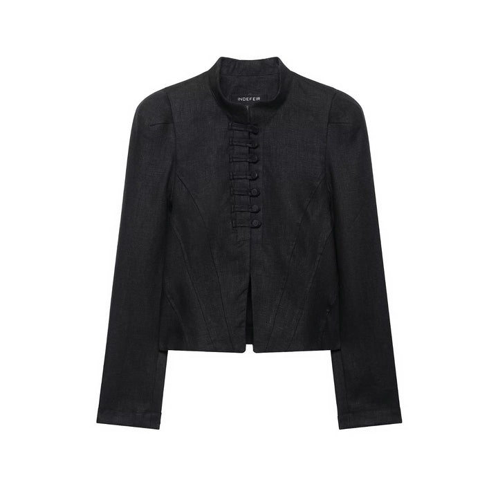 Ladies' short blazer in corset style with stand-up collar, decorative knot closure and tailored division Amarae