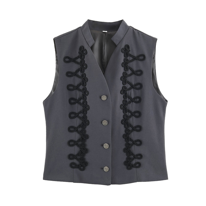 Women's sleeveless vest in uniform style with decorative frog closures and stand-up collar Amarae