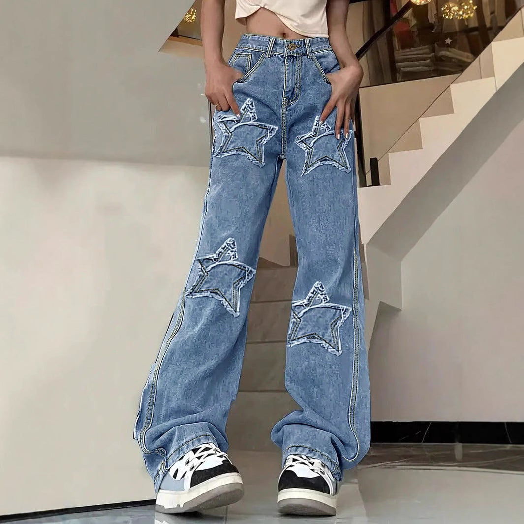 Women's extra-wide baggy jeans made of lightweight denim with star appliqués and extended silhouette Amarae