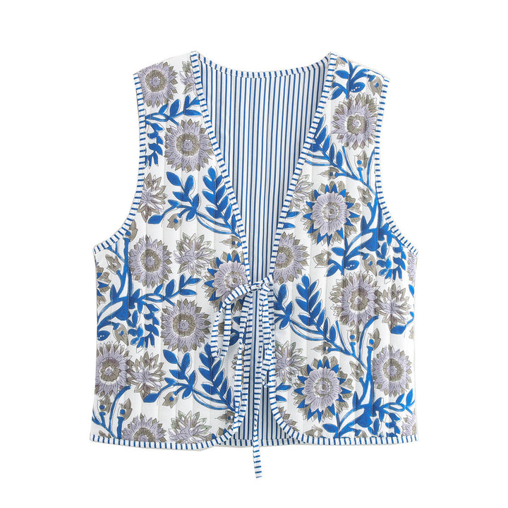 Women Quilted Vest with Romantic Toile Print, Striped Interior and Tie Ribbon Amarae