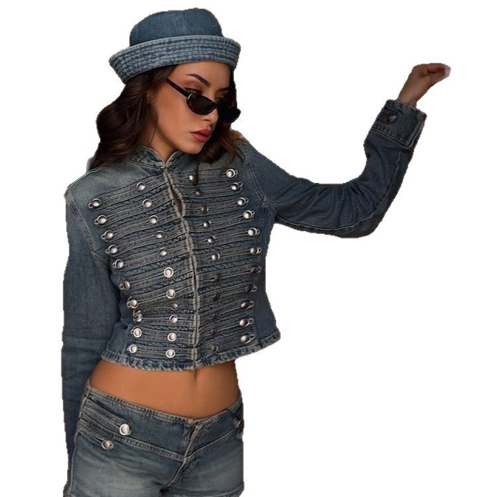 Women's short cut military-inspired denim jacket with decorative stripes and metal buttons Amarae