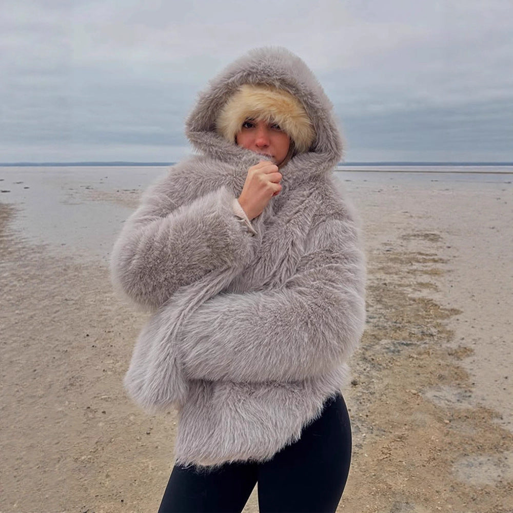 Women's Cozy Short Faux Fur Jacket with Extra Voluminous Hood Amarae