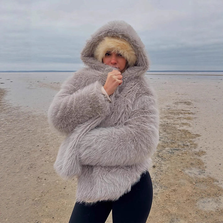 Women's Cozy Short Faux Fur Jacket with Extra Voluminous Hood Amarae
