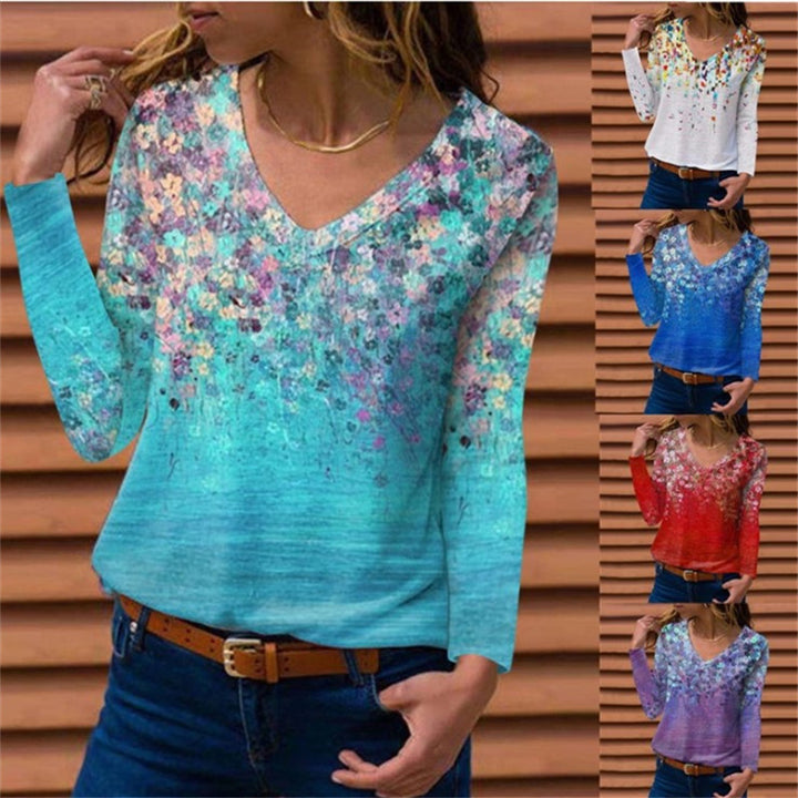 Women Long Sleeve V-Neck Tunic with Floral Watercolor Print and Light Jersey Quality Amarae
