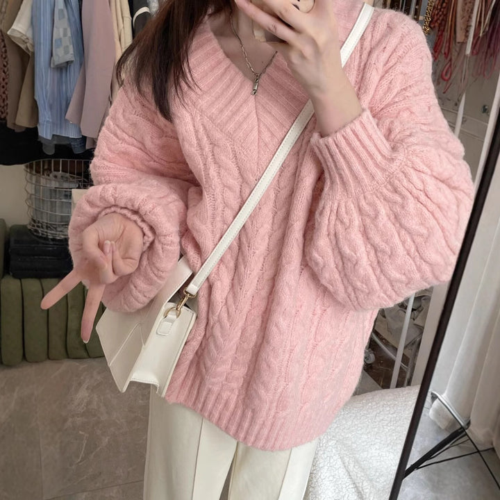 Pull en tricot épais pour femme avec des manches volumineuses et un col en V Chic & Stil