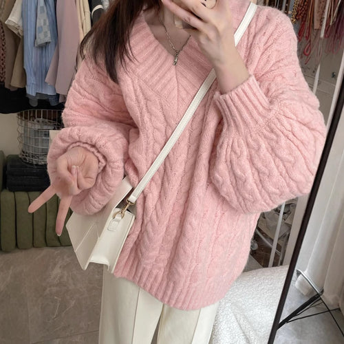 Pull en tricot épais pour femme avec des manches volumineuses et un col en V Chic & Stil