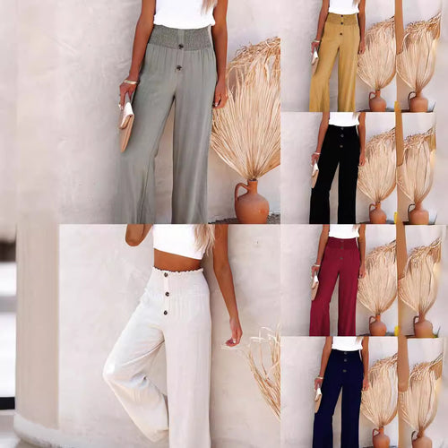 Women's wide-leg linen pants with elastic waistband and button details Amarae