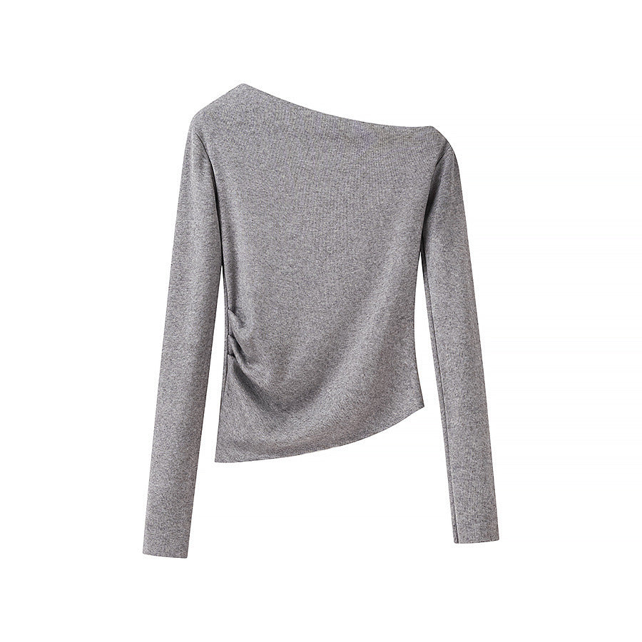 Women’s asymmetrical fine knit top with off-the-shoulder neckline and gathered side panel Amarae