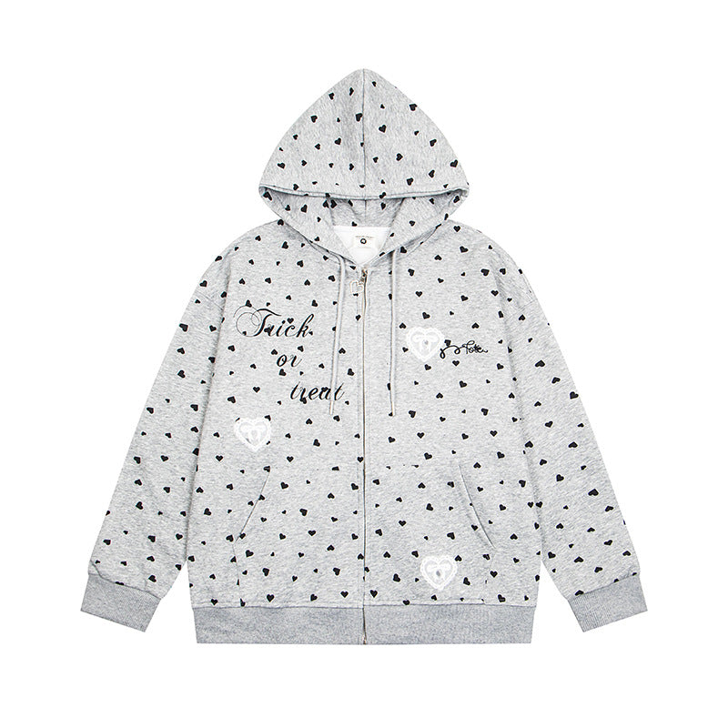 Women's hoodie sweat jacket with full-length zipper, all-over heart print and statement embroidery Amarae