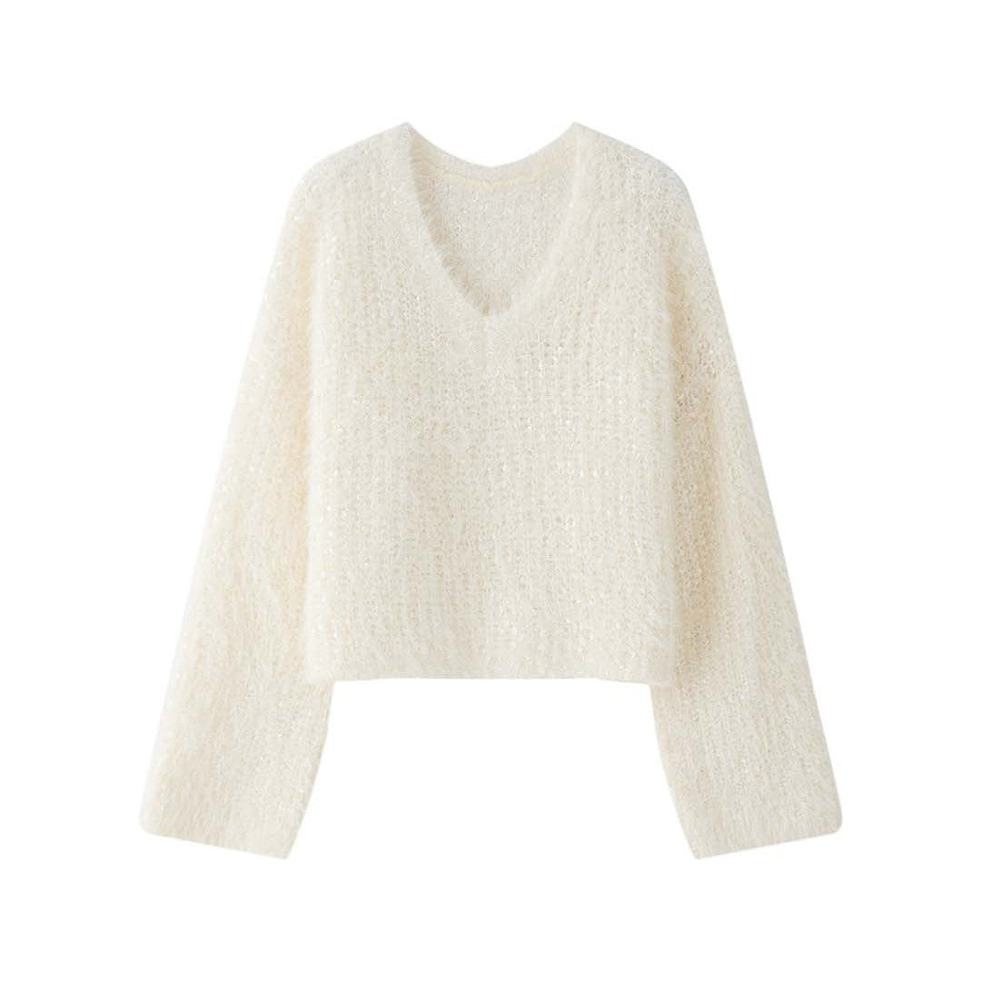 Women Fluffy Mohair-Look V-Neck Sweater with Glitter Threads Amarae
