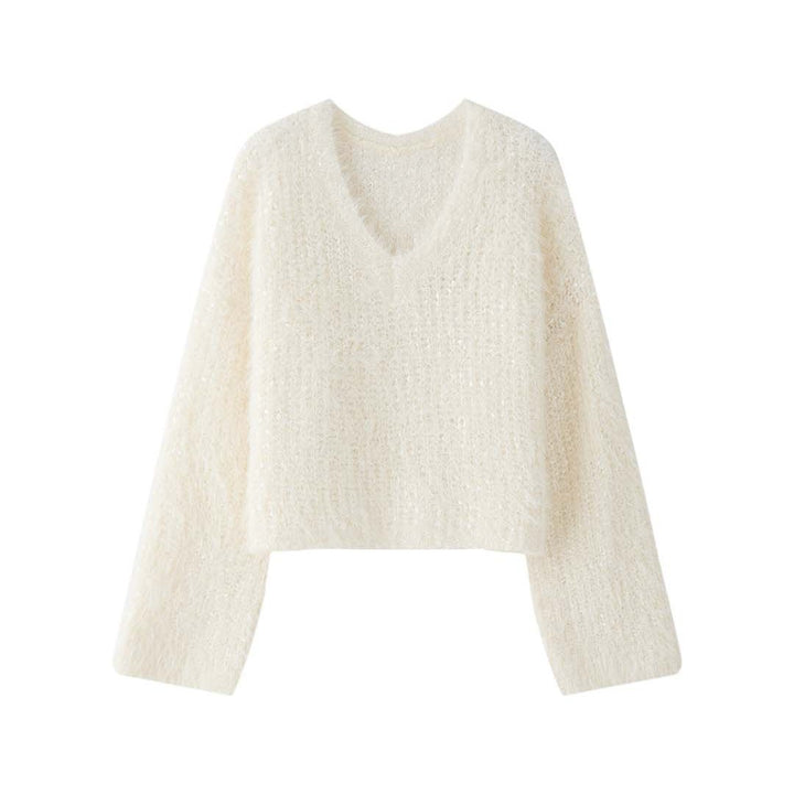 Women Fluffy Mohair-Look V-Neck Sweater with Glitter Threads Amarae