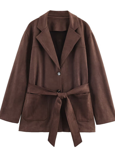 Amarae women's elegant blazer jacket in faux leather with belt at the waist
