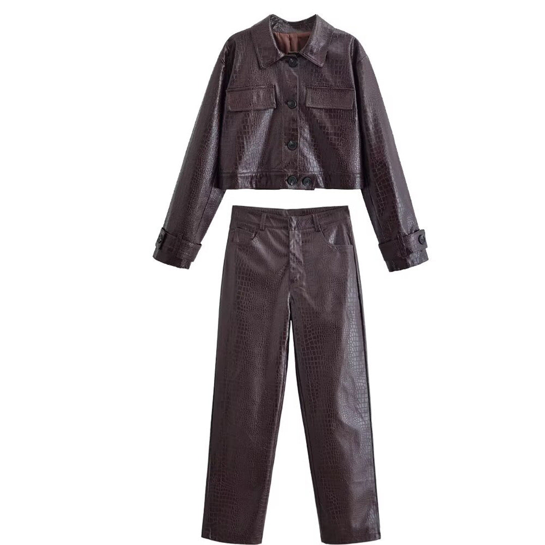 Women High-Waisted Straight-Leg Faux Leather Pants with Crocodile Embossing Amarae