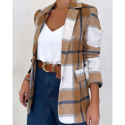 Blazer à carreaux pour femmes en mélange de laine de haute qualité avec des manches élastiques et des poches pratiques Chic & Stil