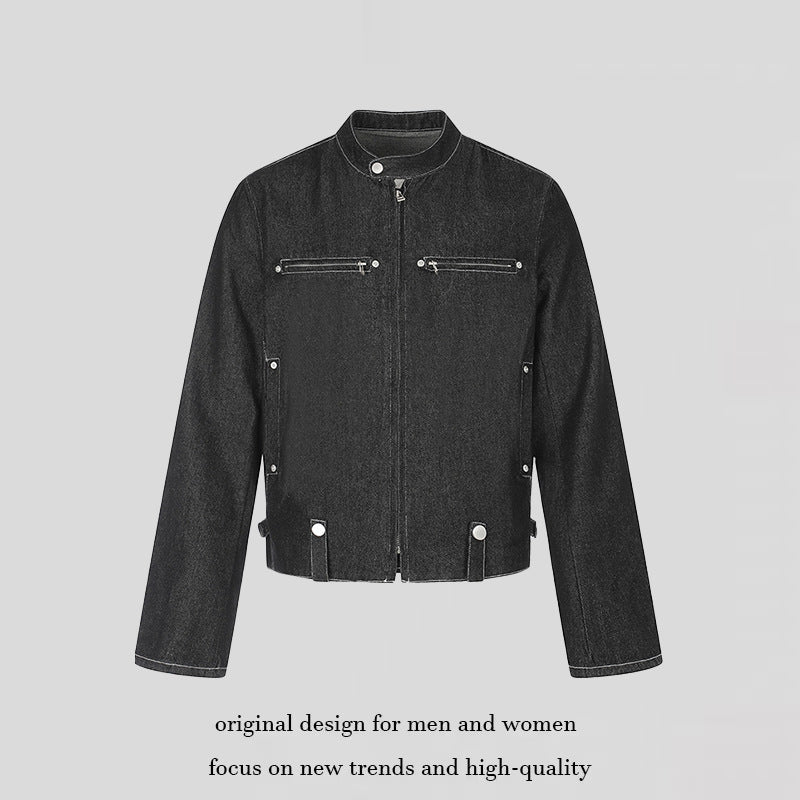 Women's short denim biker jacket with stand-up collar, zipper and snap button details Amarae