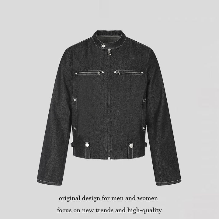 Women's short denim biker jacket with stand-up collar, zipper and snap button details Amarae