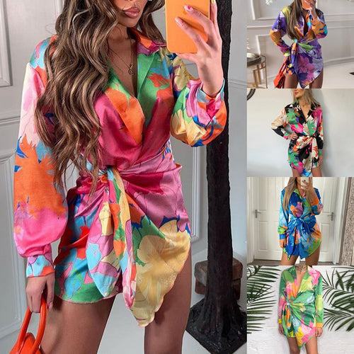 Women's shirt dress in innovative wrap design with colorful floral pattern