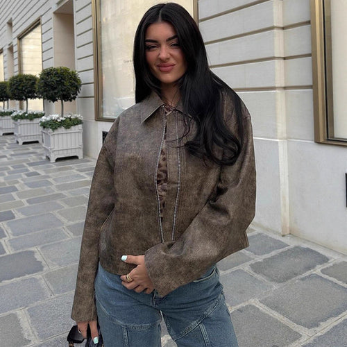 Women's Short Boxy Jacket in Vintage Suede Look with Distinctive Metal Zipper Amarae
