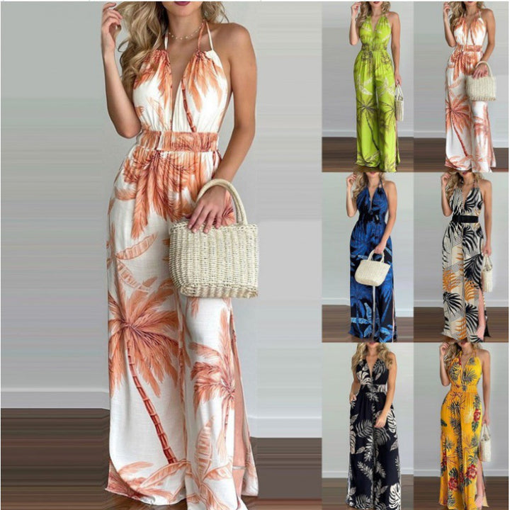 Women Bohemian Halter Neck Maxi Jumpsuit with Side Slits Lune London